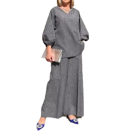 Casual Loose Clothing Fashion 2 Piece Pants Set Women's Puff Sleeve Stylish Waist Solid Color Top and Pants Set