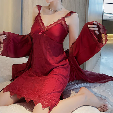 New Sexy Slip Skirt Nightgown Two-piece Ice Silk Pajamas Women's Summer Spring and Autumn Thin Lace Nightgown Home Clothes