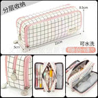 Oxford cloth double-open pencil case [white plaid]