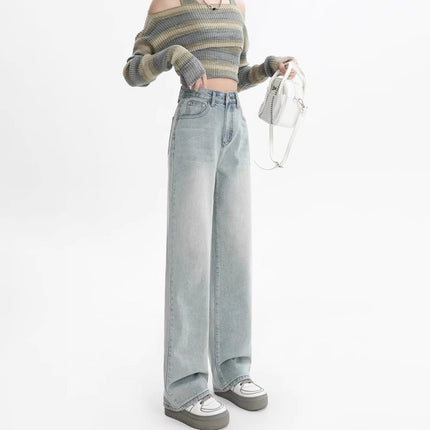 High Waist Retro Wide Leg Jeans Women's Trendy All-match New Printed Loose Slim-fit Straight Pants