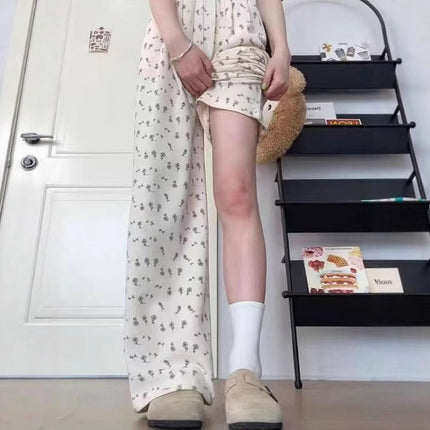 Apricot Ice Silk Floral Sweatpants for Women, Summer Thin Casual Petite Straight Wide-Leg Pants, Loose American-Style Sweatpants