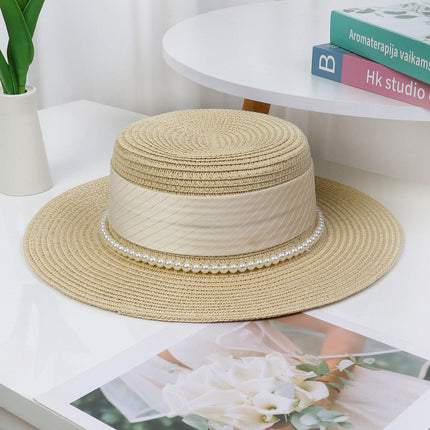 [Great Value] French Style Socialite Flat Top Hat 2025 New Summer Elegant Pearl String Sunshade Woven Straw Hat