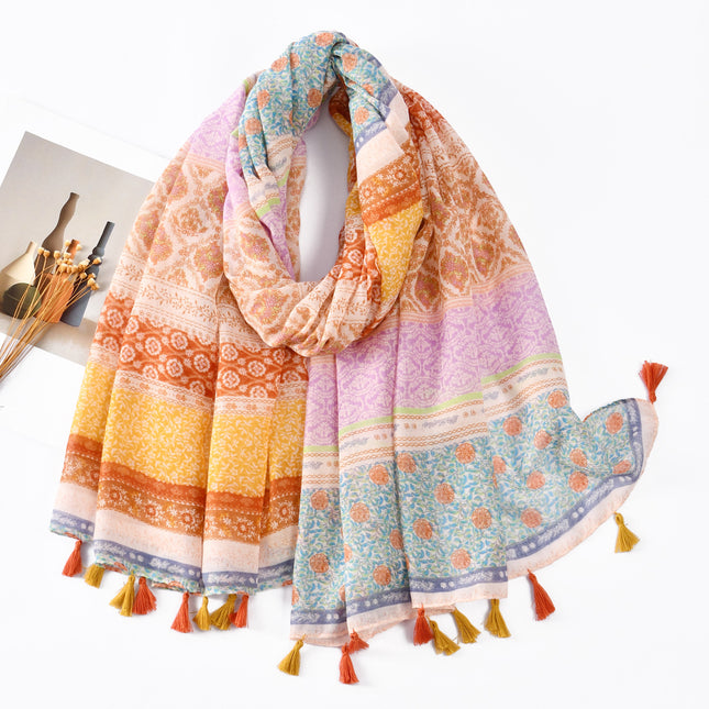 Korean New Colorful Ethnic Style Bali Yarn Long Scarf Artistic Fresh Cotton and Linen Scarf Color-matching Printed Beach Towel