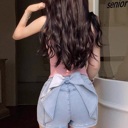 Hot Girl Light Blue Stereo Bow Denim Shorts 2025 Spring and Summer New Comic Girl High Waist Slim Hot Pants