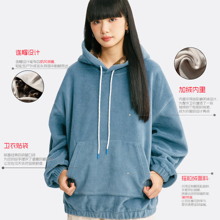 Black Fleet American Casual Style Unisex Versatile Hooded Warm Top Couple Style Hiking Fleece Solid Color Sweatshirt