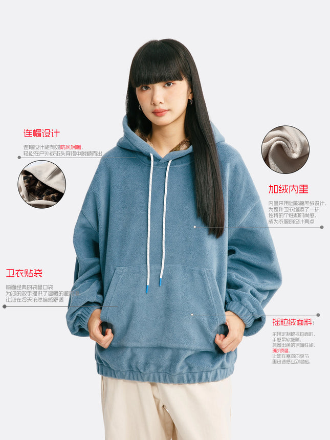 Black Fleet American Casual Style Unisex Versatile Hooded Warm Top Couple Style Hiking Fleece Solid Color Sweatshirt