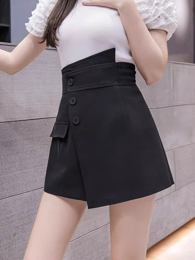 A-Line Wide-Leg Shorts for Women 2025 Spring High-Waisted Slimming Black Suit Design Button Fashion Half Skirt