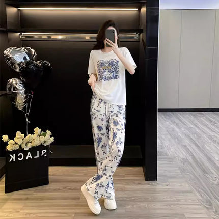 Fashionable Age-reducing Casual suit Women Blue and White Porcelain Printed Butterfly High-end Fashion Sports Casual suit Women