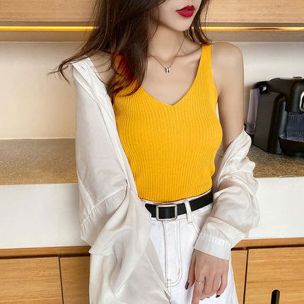 Knitted condole strap ice silk vest women's summer black and white outer wear base shirt square collar slim fit top tide wholesale