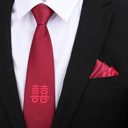 Formal wear wedding tie men's 8CM bridegroom wedding Korean style wine red business tie narrow zipper lazy men and women