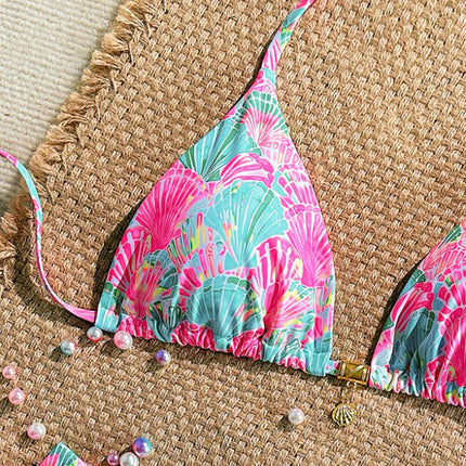 Highly Elastic Shell-Shaped Random Print Bikini Set with Metal Shell Decoration, Suitable for the Beach