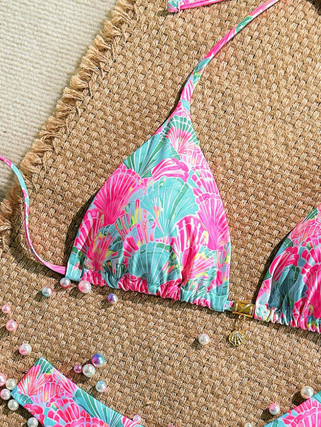 Highly Elastic Shell-Shaped Random Print Bikini Set with Metal Shell Decoration, Suitable for the Beach