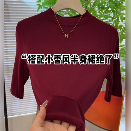 Half Turtleneck Mid-Sleeve T-Shirt for Women Spring & Fall New Suit with Bottoming Shirt Slimming Look Elastic Versatile Three-Quarter Sleeve Top