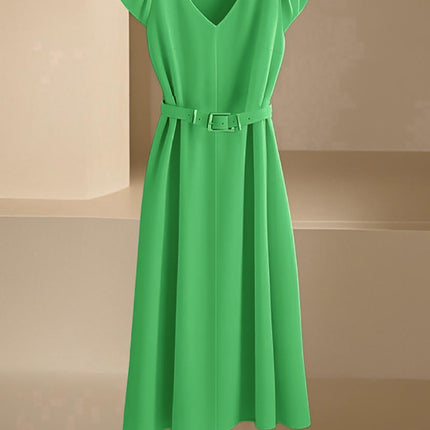 Amazon Spring and Summer New Skin-Friendly and Comfortable V-Neck Fashionable and Elegant Work Clothing Casual Pure Color Mid-Length Skirt & Without Belt