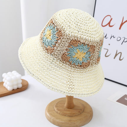 Trendy Floral Woven Straw Hat Summer Sun Protection Sunshade Fisherman Hat Foldable Wide Brim Face-Slimming Beach Vacation