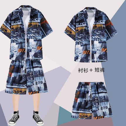 Summer thin short-sleeved floral shirt men's Hong Kong style retro Ruan Shuai Hawaiian seaside couple short-sleeved shorts two-piece set