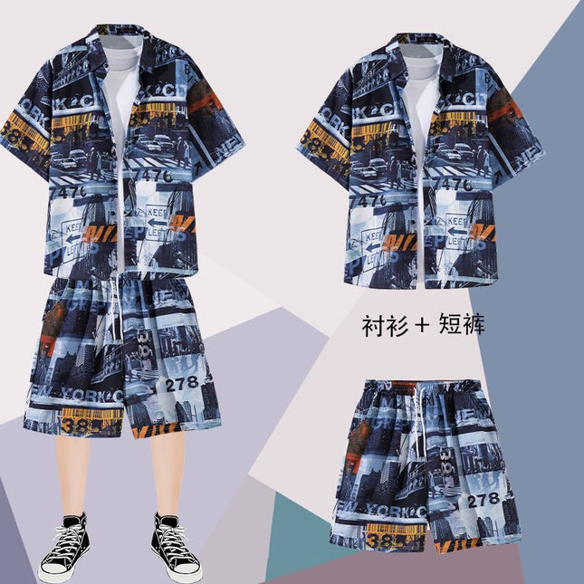 Summer thin short-sleeved floral shirt men's Hong Kong style retro Ruan Shuai Hawaiian seaside couple short-sleeved shorts two-piece set