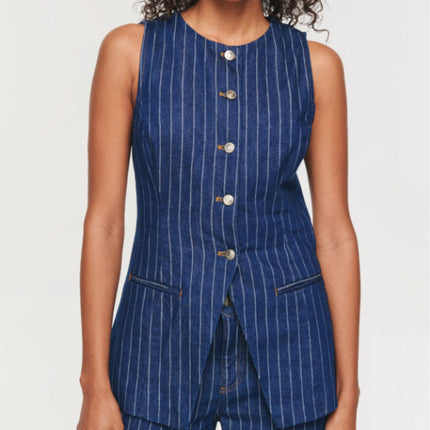 Madeinost2024 New Autum Style Retro Old Money Stripesd Denim Vest High-End Elegant Waist Top