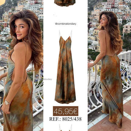 European and American Cross-border 2023 New Women's Elegant Sexy Long Dress V-neck Backless Rainbow Print Slip Dress