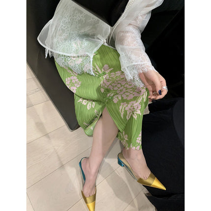 New Chinese-style Miyake Ruffled and Pressed Elastic Waist Stretch Vent Printed Buckle Mid-length Pencil Skirt Women's Skirt