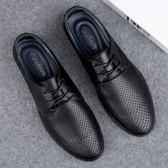 Black men's spring and autumn breathable business formal wear fashion lace-up low-top office work single professional leather shoes