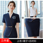 Three-piece navy blue top skirt white shirt / S