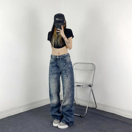 American High Street Washed Lightning Crack Blue Jeans for Women 2025 New Style Loose Straight Floor-Length Pants
