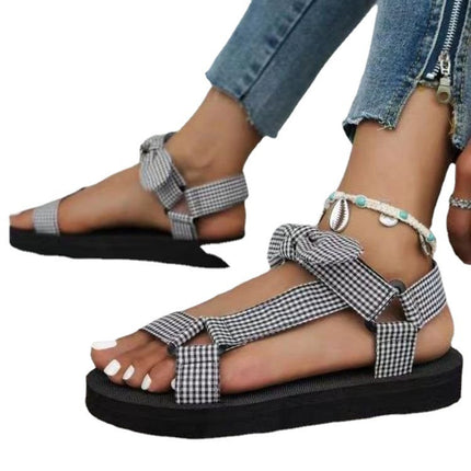 Cross-border plus size Velcro Women's Buckle Sandals 2025 New Open Toe Mesh Bow-tie Shoes