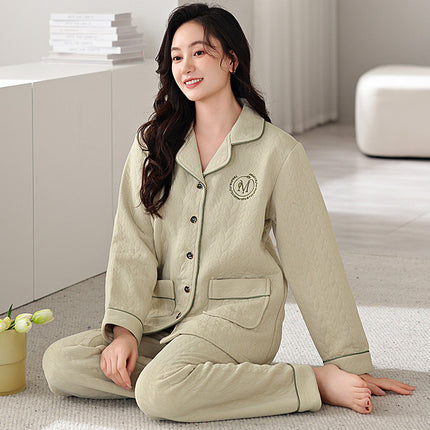 Chun Baifen Mother Pajamas Women's Autumn and Winter Middle-aged and Elderly Air Cotton Thickened plus size Outer Wearing Sandwich Home Clothes