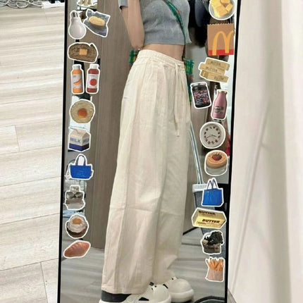 American-Style Work Pants, Retro Straight-Leg Pants, High-Waisted Slimming Drawstring Pants, Loose Wide-Leg Drapey Casual Sports Pants for Petite Individuals