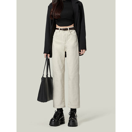 High Waist White Jeans Women's Straight Pants 2025 Spring New All-Match Slimming Cropped Pipe Pants for Small Men