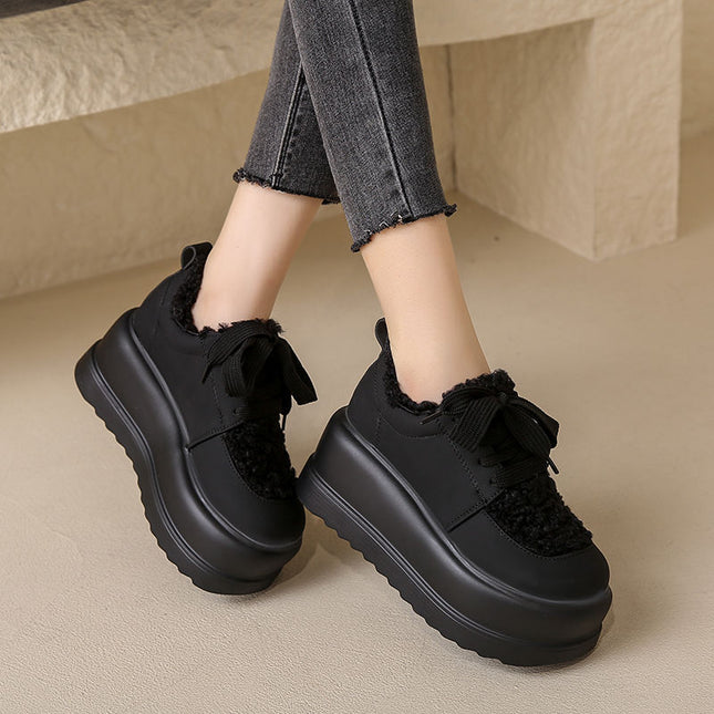Furry Shoes for Small People, Thick Soles, Heightening Platform Shoes, Versatile Women's Shoes, Autumn and Winter New Velvet Warm New Casual Cotton Shoes