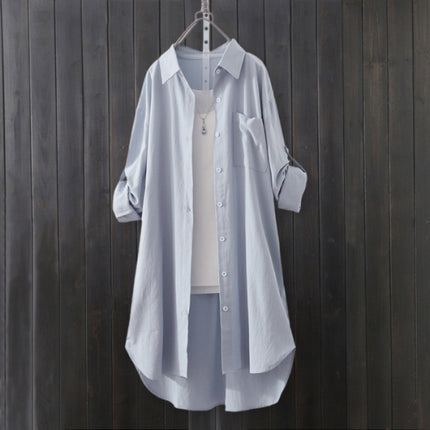 Solid Color Shirt Women's Mid-Length Western-style Shirt Design Sense Niche Front Short Back Long Chic Top Outer Thin Coat