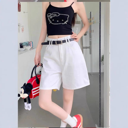 White Five-Point Jeans Thin Summer Women's 2024 Wide-Leg Lightweight Pear-Shaped Figure A-Line Shorts High-Waisted Mid-Pants