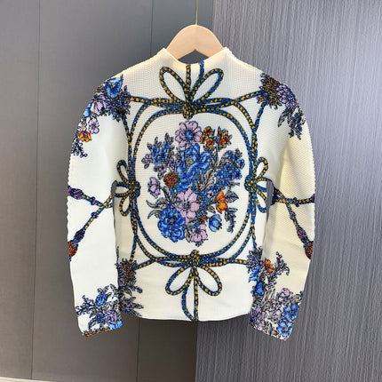 Pleated Suit with Palace-Style Print, Long Skirt Set, Flared Design, Slimming and Elegant Vintage Fashion Base Shirt Set