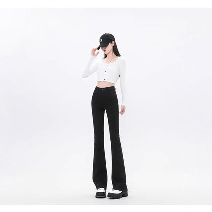 American-Style Black Flared Jeans for Petite Women, Summer New High-Waisted Slim-Fit Bootcut Floor-Length Pants