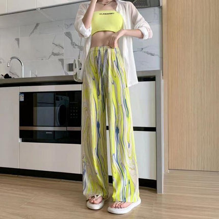 Ice silk tie-dye printed vertical wide leg pants summer thin high waist slim loose casual mop straight pants wholesale