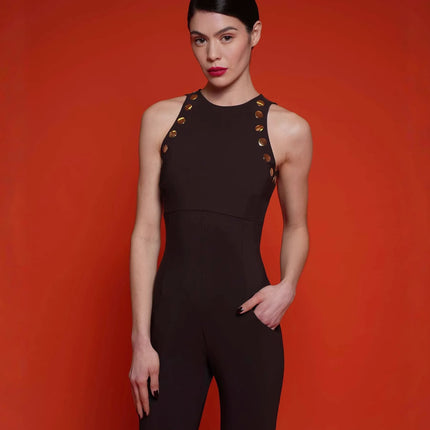 European and American foreign trade high-end boutique women's jumpsuit sleeveless high waist round neck slim figure flared pants