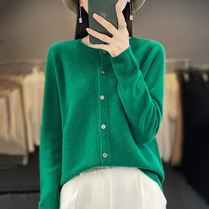 2024 Seamless One Round Neck 100 Wool Cardigan Women's Osmanthus Needle Long Sleeve Jacket Top Base Shirt