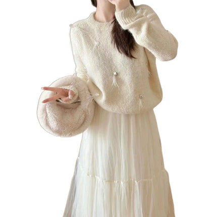 Early autumn salt series light mature high-end wear with a set of wool sweater mesh skirt two-piece suit for women