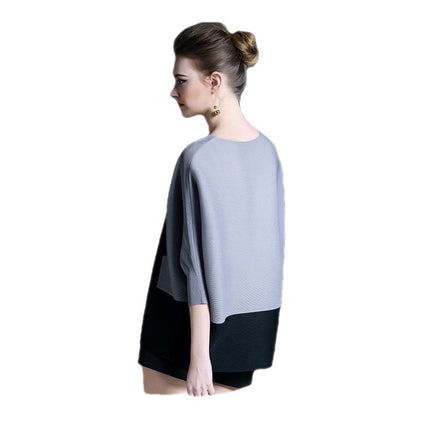 2026 Spring Batwing Sleeve New Women's Round Neck Loose Patchwork Cat Print Elastic Mid-Sleeve Top