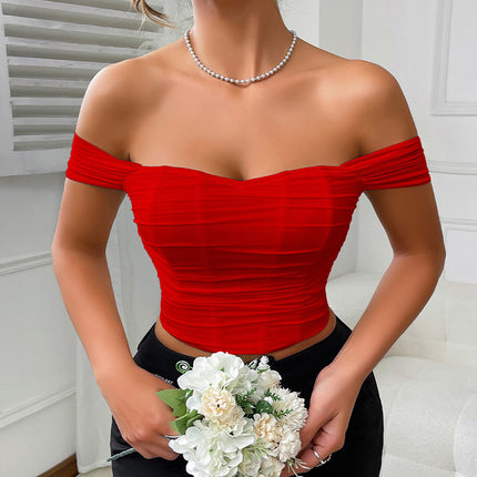 Fishbone Waist-Cinching Tube Top Camisole with Beautiful Back Design, Off-Shoulder Short-Sleeve Top for Women, Vacation Style Camisole, Cross-Border