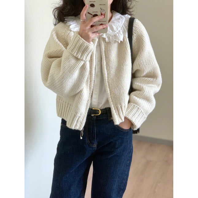Korean Style Double Zipper avocado green Knitted Cardigan Outer Wear Slimming All-match Short Sweater Women's Elegant Meat-covered Jacket