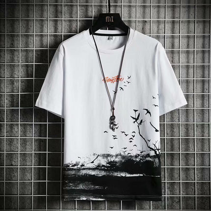 Short-Sleeved Men's Thin Simple 2024 T-Shirt New Loose Round Neck Summer Ins Trendy Hong Kong Style Student Male Street Stall Wholesale