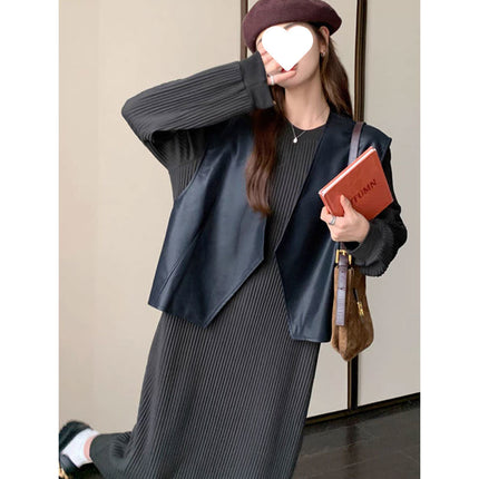 Knitted dress Women's Two-Piece Set Spring and Autumn 2024 New French Style Style Leather Vest Long Skirt suit