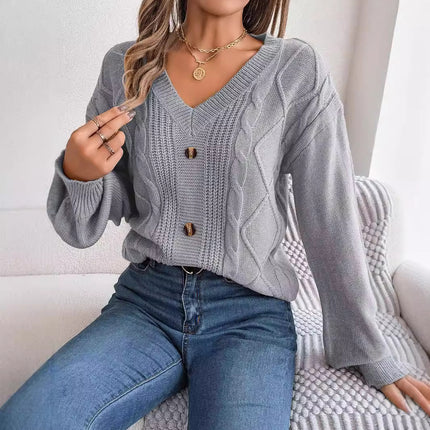 Big Sale 2024 Autumn and Winter Pure Color V Neck Button Twist Lantern Sleeve Pullover Sweater Amazon Cross-Border European and American Clothing