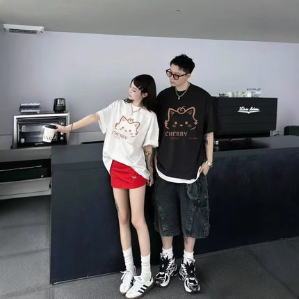 220g Shoulder Short-sleeved T-shirt Women's Cotton Top Summer Cartoon T-shirt Round Neck Loose Breathable plus size Fashion Brand