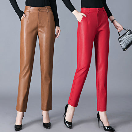2025 Autumn/Winter New Women's Leather Pants Mid-Waist Outerwear Trousers Slim Fit Sheepskin Leggings