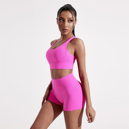 Summer Solid Color Fitness suit Two-Piece Sexy Back Cross Sports Underwear Naked Tight Three-Piece Shorts