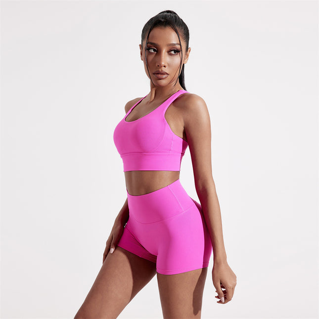 Summer Solid Color Fitness suit Two-Piece Sexy Back Cross Sports Underwear Naked Tight Three-Piece Shorts